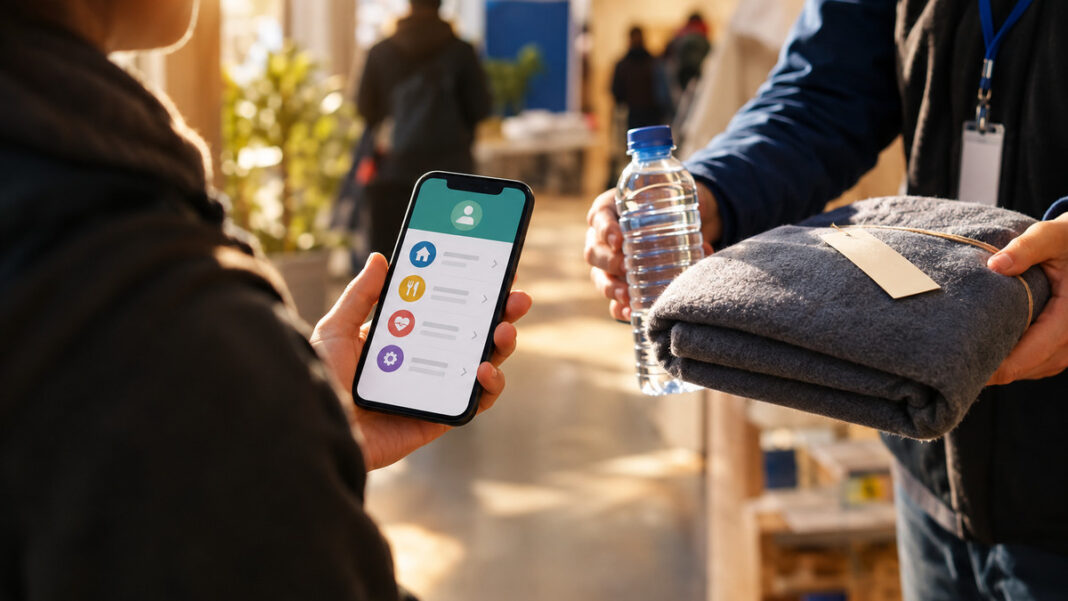 Flüchtlingshilfe per Smartphone Hände mit Smartphone, Wasserflasche und Willkommenspaket an einer Hilfsstelle