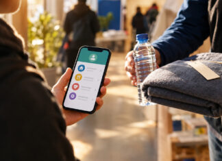 Hände mit Smartphone, Wasserflasche und Willkommenspaket an einer Hilfsstelle