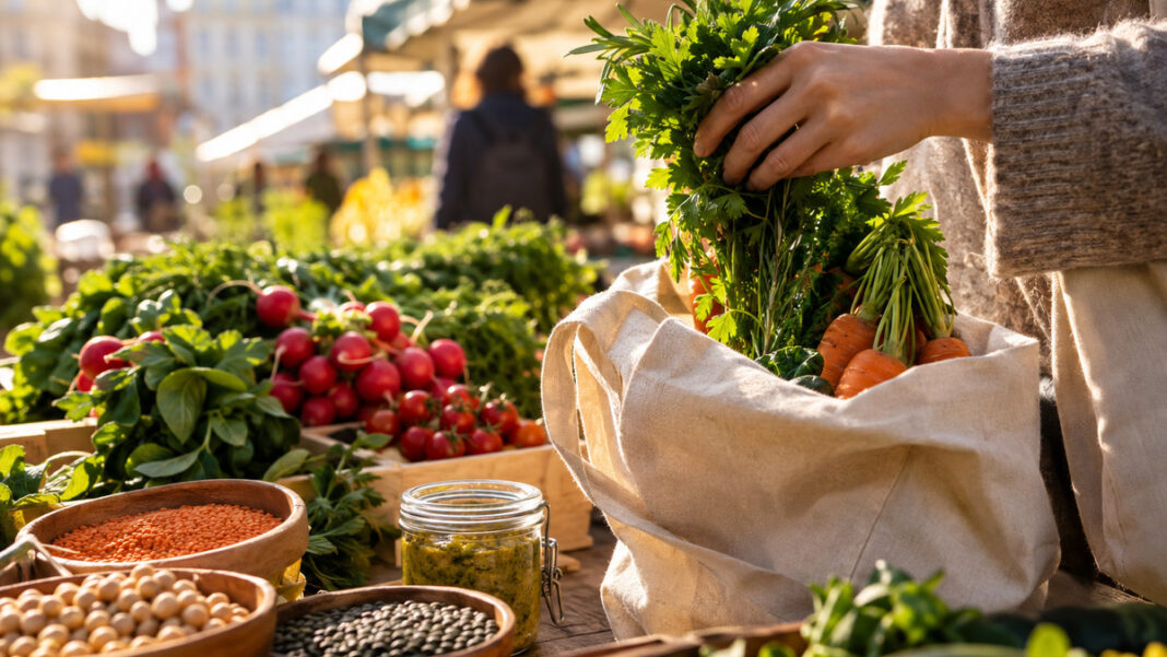 Veganer Alltag auf dem Wochenmarkt Hand packt frisches Gemüse und Kräuter auf einem Wochenmarkt in einen Stoffbeutel