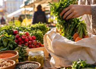 Hand packt frisches Gemüse und Kräuter auf einem Wochenmarkt in einen Stoffbeutel