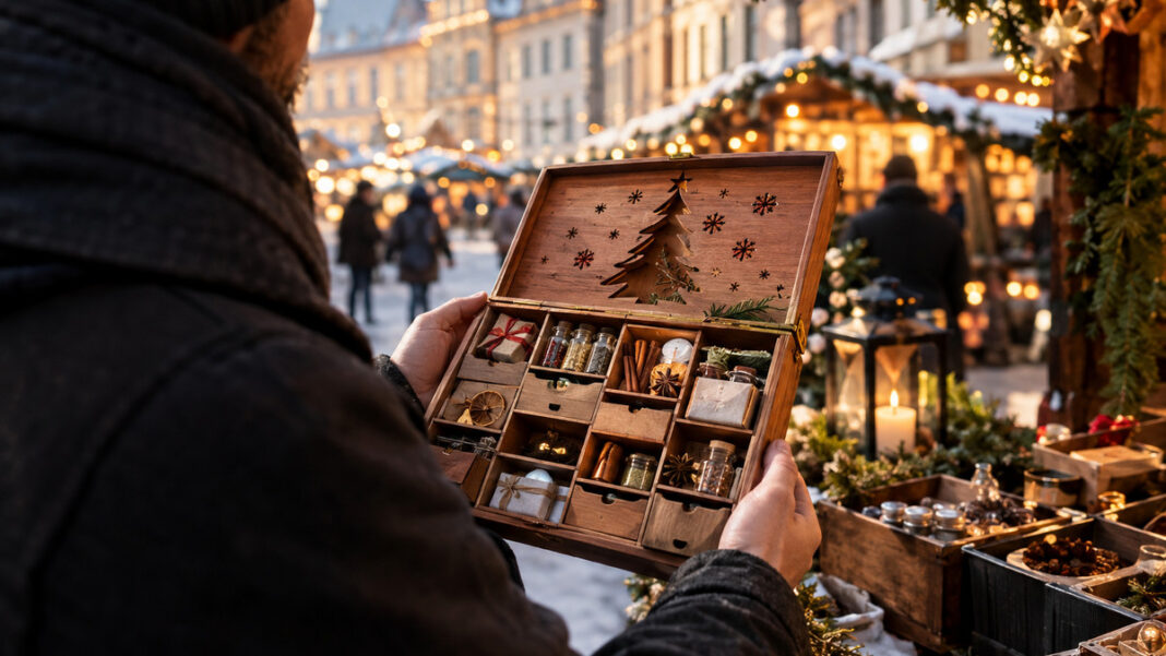 Person hält einen geöffneten Holz-Adventskalender mit kleinen Überraschungen vor einem Weihnachtsmarkt