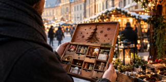 Person hält einen geöffneten Holz-Adventskalender mit kleinen Überraschungen vor einem Weihnachtsmarkt