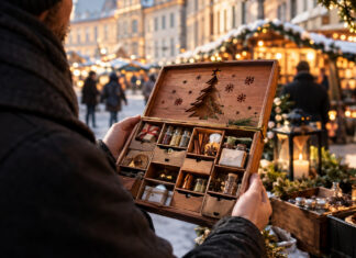 Adventskalender – es muss nicht immer Schokolade sein Person hält einen geöffneten Holz-Adventskalender mit kleinen Überraschungen vor einem Weihnachtsmarkt