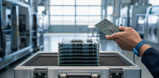 Chip-Platinenstapel in einer Fertigung mit prüfender Hand im Tageslicht