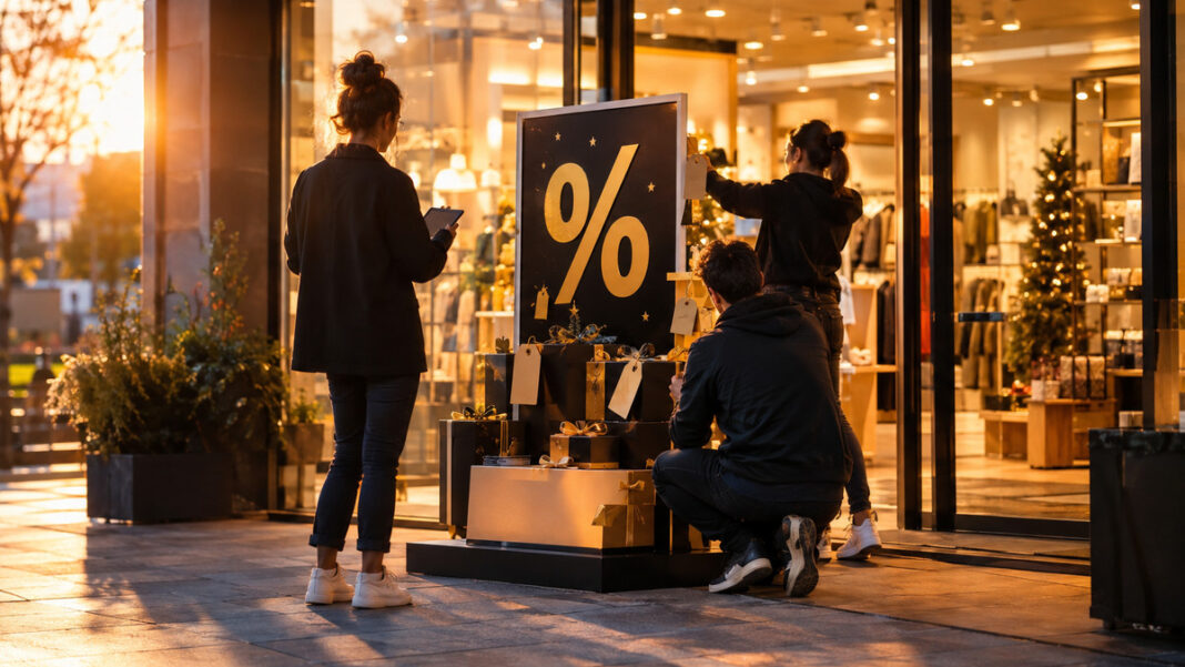 Black-Friday-Start im Shop Team baut vor einem hellen Shop-Showroom einen Aktionsaufsteller für den Verkaufsstart auf