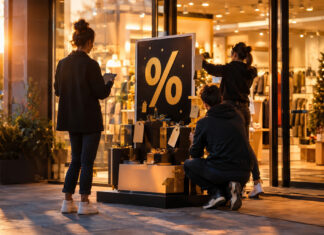 Team baut vor einem hellen Shop-Showroom einen Aktionsaufsteller für den Verkaufsstart auf