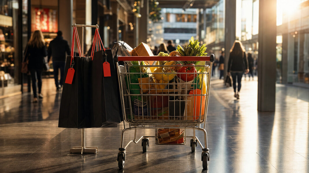 Black Friday Deals im Handel Einkaufswagen und schwarze Tüten mit Rabattanhängern in einer Ladenpassage