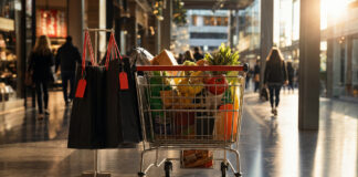 Einkaufswagen und schwarze Tüten mit Rabattanhängern in einer Ladenpassage