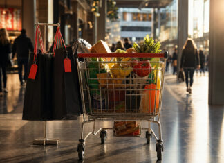 Die besten Deals zum Black Friday 2015. Einkaufswagen und schwarze Tüten mit Rabattanhängern in einer Ladenpassage