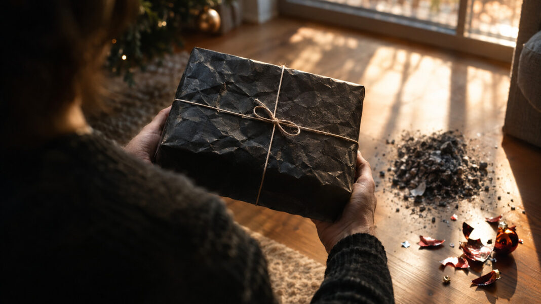 Schlechte Laune zum Verschenken Person von hinten hält ein dunkel verpacktes Geschenk; daneben Asche und zerbrochene Weihnachtskugeln.
