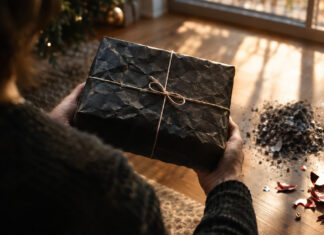 Person von hinten hält ein dunkel verpacktes Geschenk; daneben Asche und zerbrochene Weihnachtskugeln.
