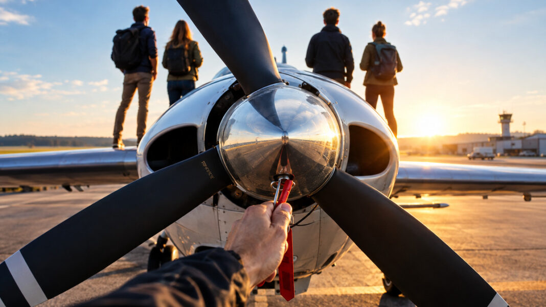 Hand zieht am Sicherungsstift eines Flugzeugpropellers auf dem Vorfeld, Start-up-Team im Hintergrund