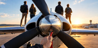 Hand zieht am Sicherungsstift eines Flugzeugpropellers auf dem Vorfeld, Start-up-Team im Hintergrund