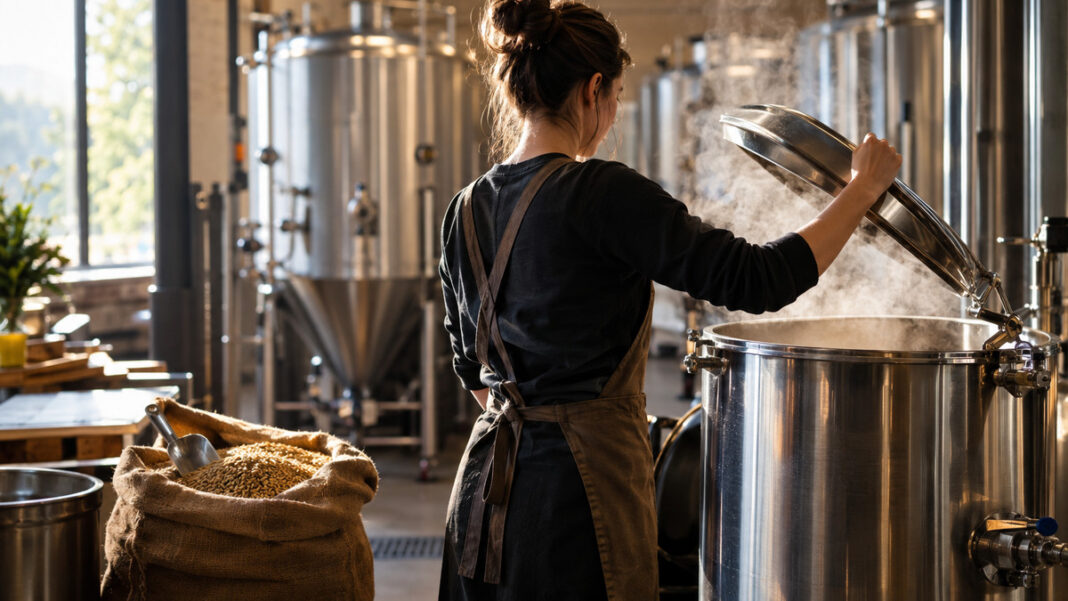 Gründerin am offenen Braukessel in einer Brauerei, Dampf steigt auf, Malzsack und Fässer im Hintergrund