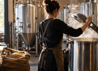 Gründerin am offenen Braukessel in einer Brauerei, Dampf steigt auf, Malzsack und Fässer im Hintergrund