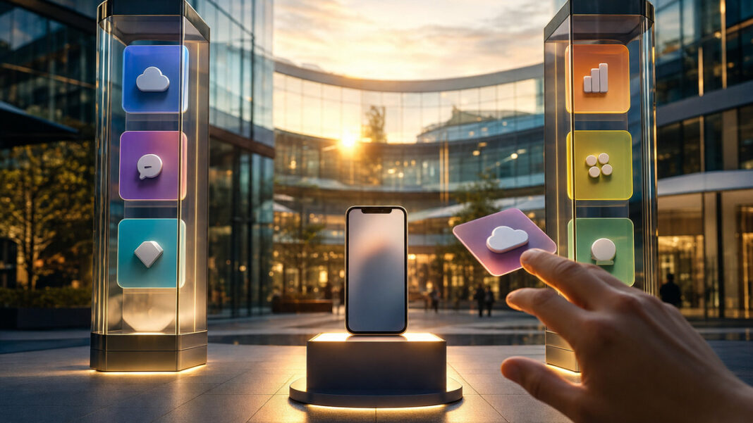 Smartphone zwischen zwei Store-Säulen, eine Hand greift nach einer App-Icon-Karte