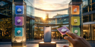 Smartphone zwischen zwei Store-Säulen, eine Hand greift nach einer App-Icon-Karte