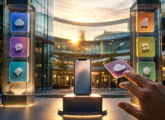 Smartphone zwischen zwei Store-Säulen, eine Hand greift nach einer App-Icon-Karte