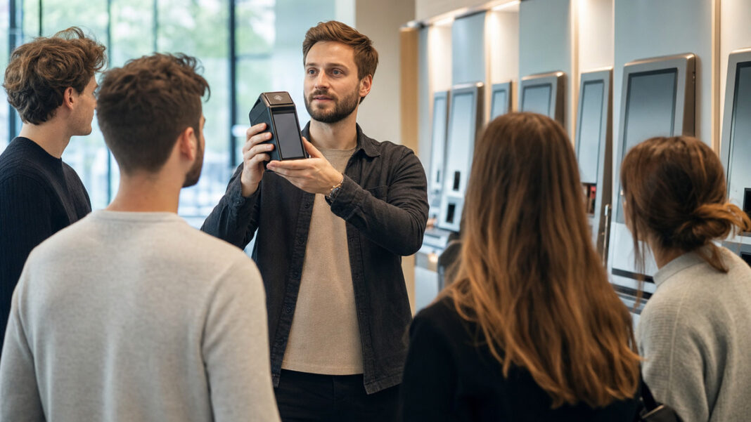 Gründer hält einen kontaktlosen Zahlungsleser vor modernen Selbstbedienungs-Terminals in einer Bankfiliale.