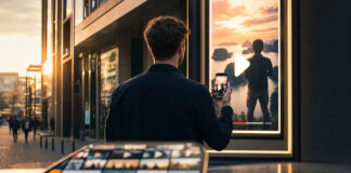 Gründer vor Social-Media-Werbeplakat mit Smartphone und Video-Kacheln im Abendlicht