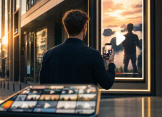 Neue Studie: Youtube beliebter als Facebook Gründer vor Social-Media-Werbeplakat mit Smartphone und Video-Kacheln im Abendlicht