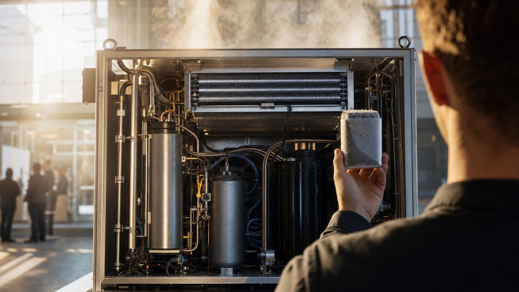 Moderne Kühltechnik-Anlage mit Kondensnebel, daneben eine Person von hinten mit Produktprobe.