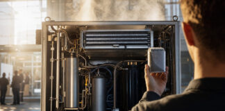 Moderne Kühltechnik-Anlage mit Kondensnebel, daneben eine Person von hinten mit Produktprobe.