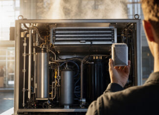 Coolar gewinnt das deutsche Finale von The Venture Moderne Kühltechnik-Anlage mit Kondensnebel, daneben eine Person von hinten mit Produktprobe.