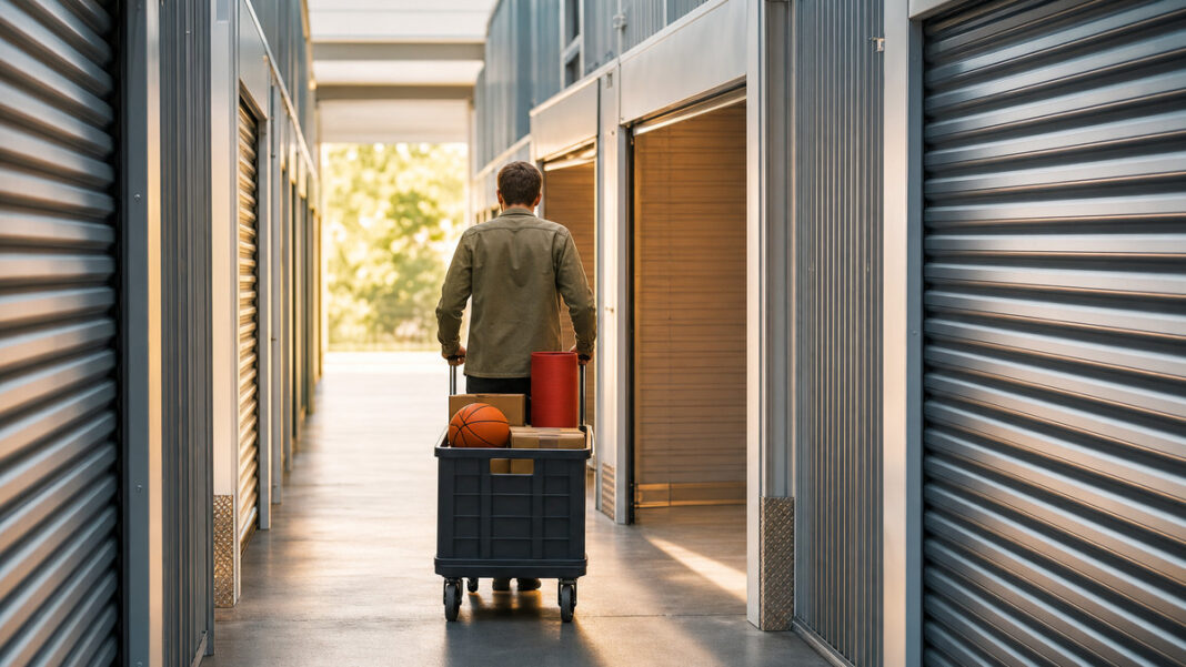 Mann schiebt Rollkiste mit Kartons und Sportgerät in eine Selfstorage-Box