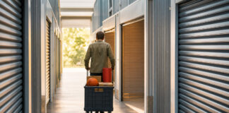 Mann schiebt Rollkiste mit Kartons und Sportgerät in eine Selfstorage-Box
