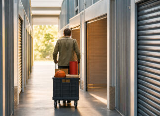 BOXANDO will Selfstorage-Revolution anzetteln Mann schiebt Rollkiste mit Kartons und Sportgerät in eine Selfstorage-Box