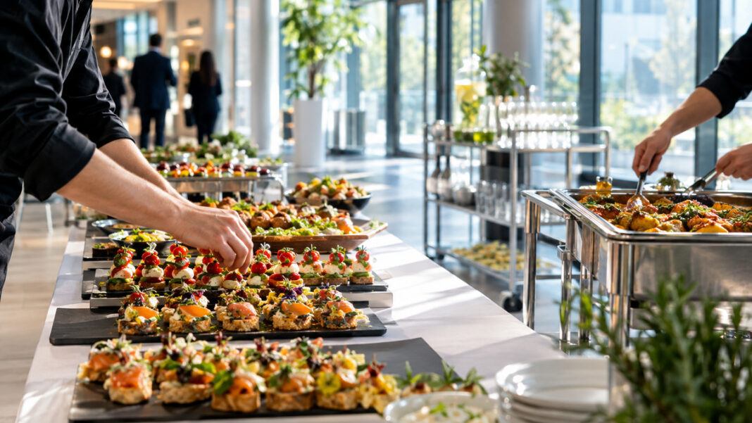 Catering-Platten werden im hellen Foyer eines Unternehmens auf einem Buffet angerichtet.