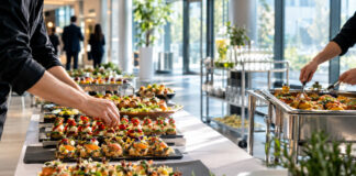Catering-Platten werden im hellen Foyer eines Unternehmens auf einem Buffet angerichtet.