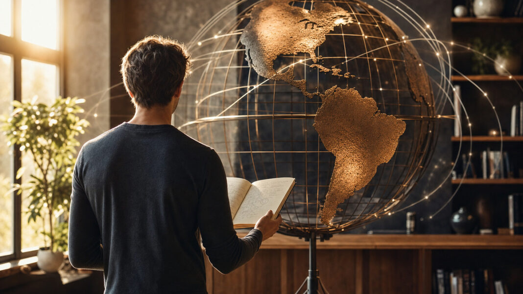 Person von hinten vor leuchtendem Globus mit Kursheft und Lichtspuren