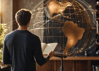 Person von hinten vor leuchtendem Globus mit Kursheft und Lichtspuren