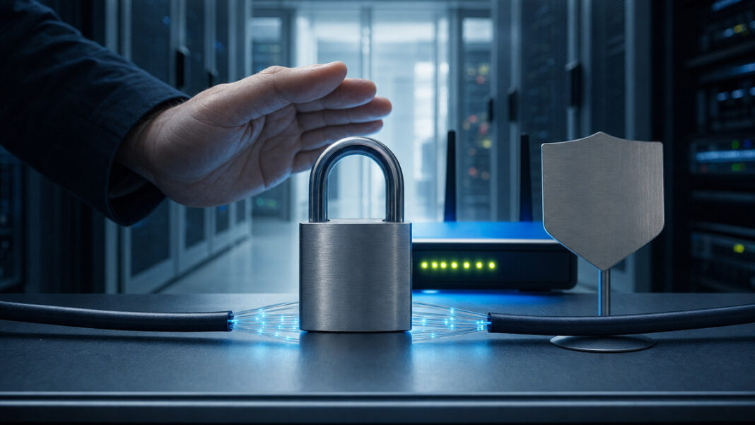Geschlossenes Vorhängeschloss auf Glasfaserleitung vor einem Router im Technikraum.
