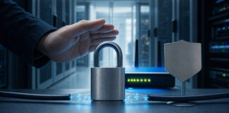 Geschlossenes Vorhängeschloss auf Glasfaserleitung vor einem Router im Technikraum.
