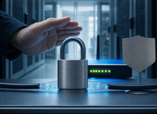 Geschlossenes Vorhängeschloss auf Glasfaserleitung vor einem Router im Technikraum.