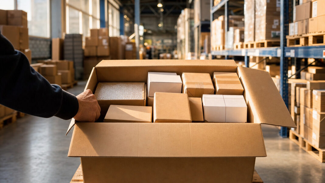 eBays Q1 2013 im Versandlager Geöffneter Paketkarton in einem hellen Lager, daneben eine Hand beim Prüfen der Ware.
