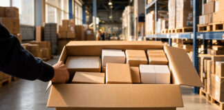 Geöffneter Paketkarton in einem hellen Lager, daneben eine Hand beim Prüfen der Ware.