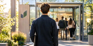 Junger Mann von hinten vor einem Gründungszentrum, im Hintergrund weitere Gründer im Eingang.