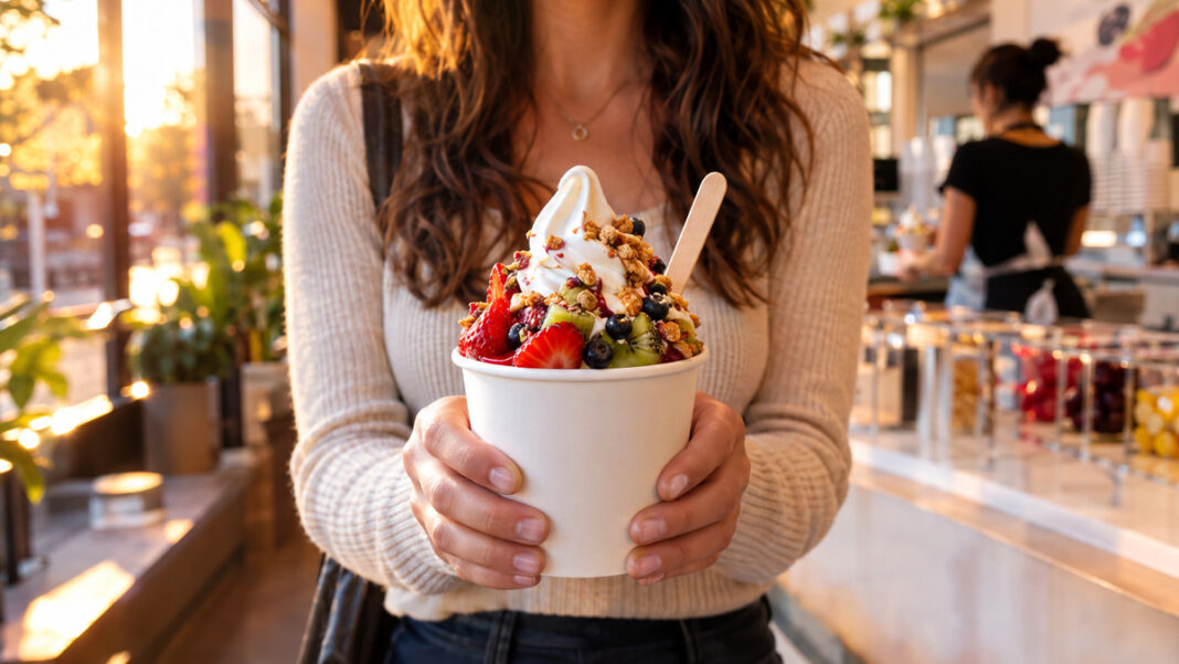Frozen Yogurt in der Eisdiele Person hält einen Becher Frozen Yogurt mit Toppings in einer hellen Eisdiele
