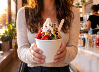 Person hält einen Becher Frozen Yogurt mit Toppings in einer hellen Eisdiele