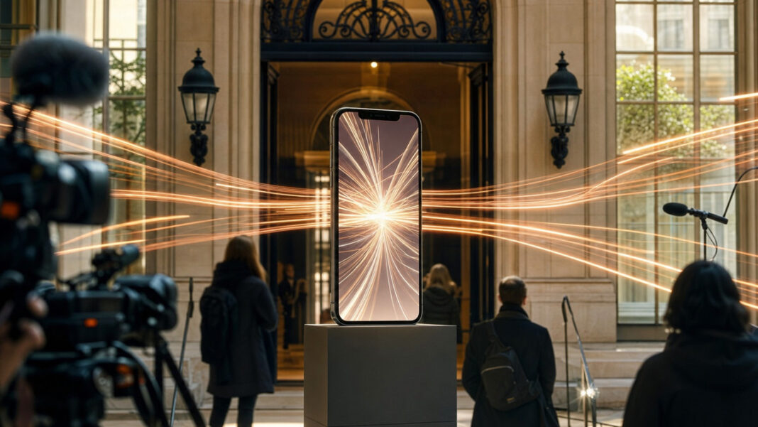 Digital News Initiative Paris Aufrechtes Smartphone mit ausstrahlenden Lichtstreifen im Eingangsbereich des Sciences Po in Paris.