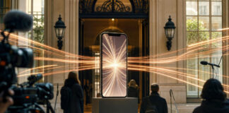 Aufrechtes Smartphone mit ausstrahlenden Lichtstreifen im Eingangsbereich des Sciences Po in Paris.