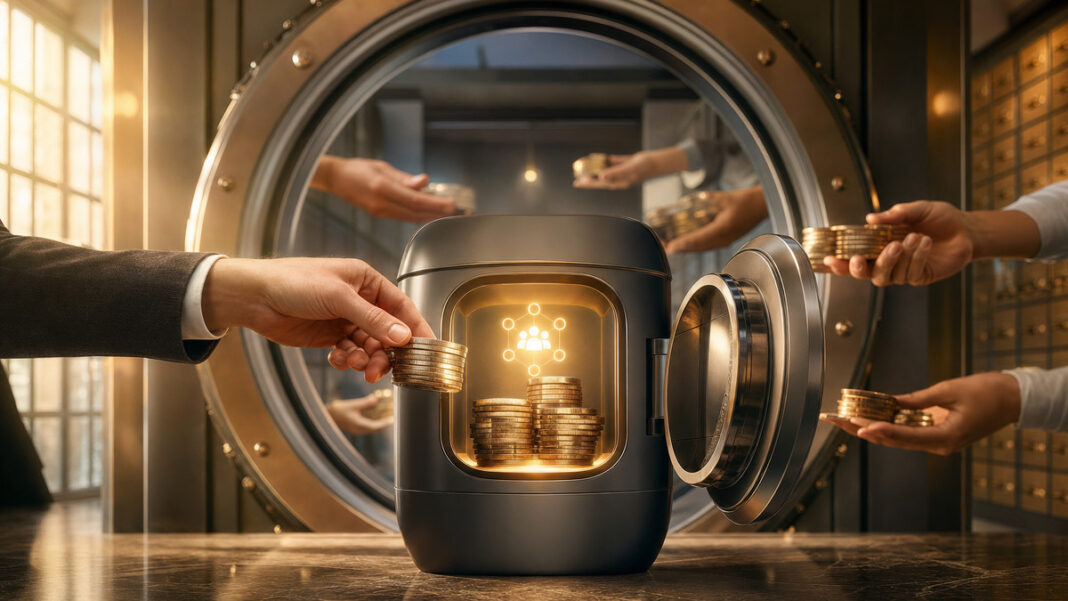 Hände geben Münzen in eine Finanzbox im Tresorraum einer Bankfiliale.