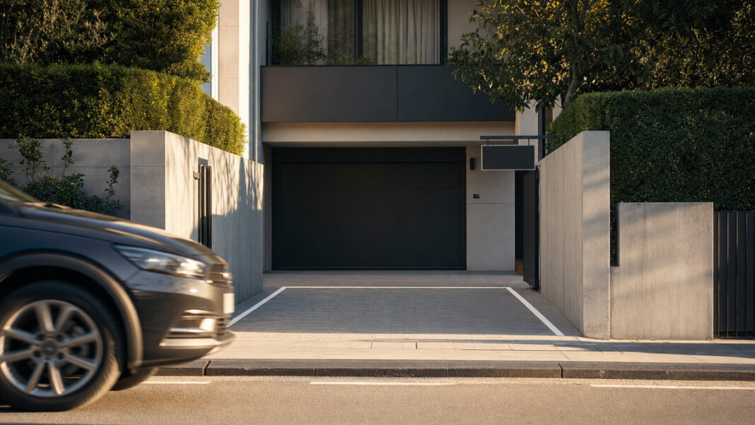 Leerer Privatparkplatz an einer Garageneinfahrt, ein Auto fährt im warmen Licht hinein.