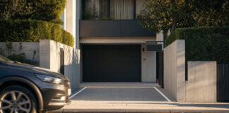 Leerer Privatparkplatz an einer Garageneinfahrt, ein Auto fährt im warmen Licht hinein.