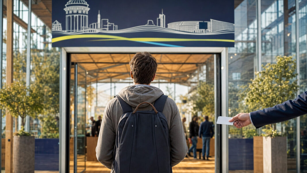 CODE_n Contest 2016 Bewerbung Gründer von hinten vor Startup-Pavillon mit Bewerbungskarte in heller Glasarchitektur