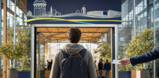 Gründer von hinten vor Startup-Pavillon mit Bewerbungskarte in heller Glasarchitektur